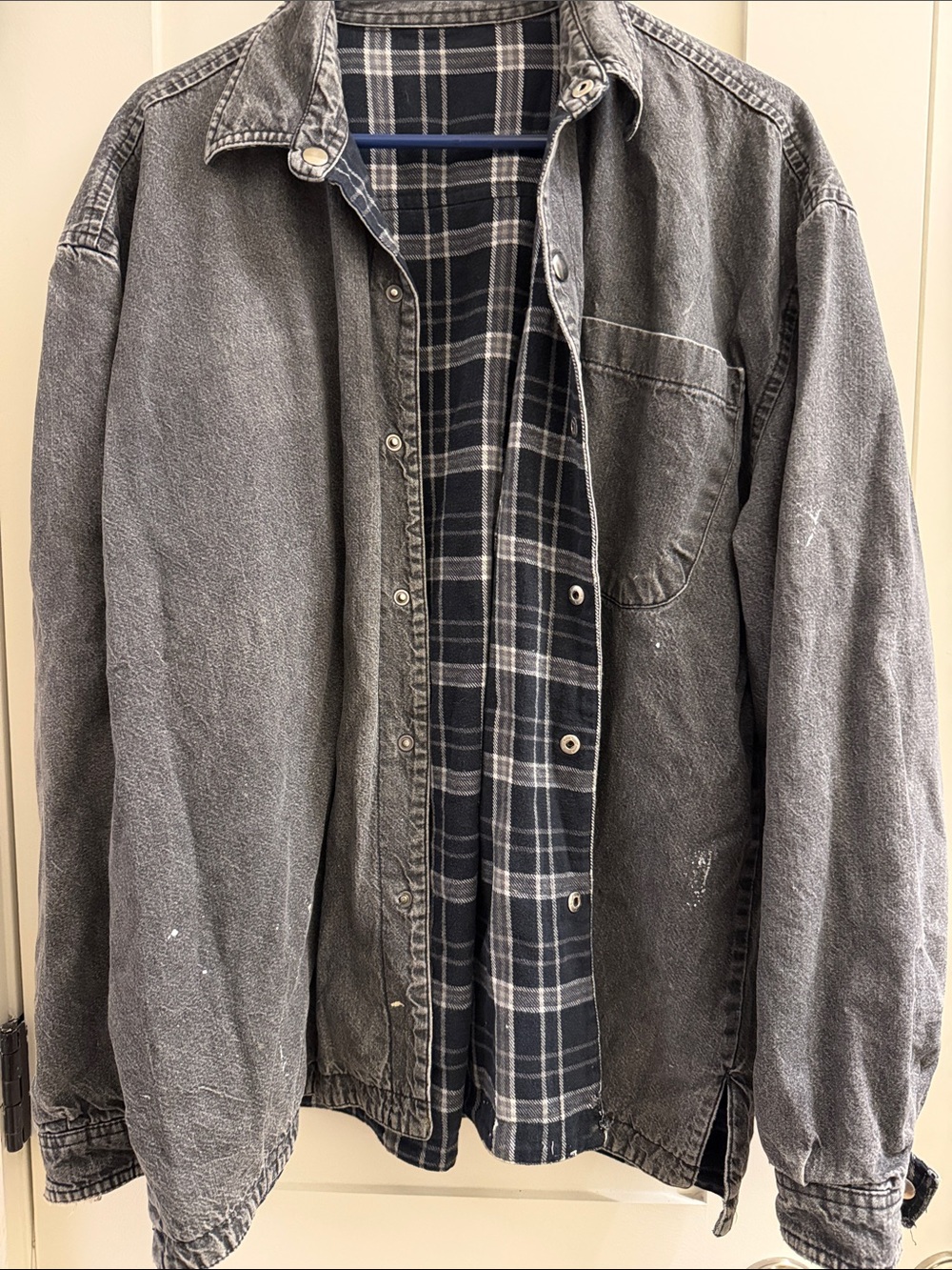 Men's Washed Black Overshirt Jacket with Plaid Lining (REVERSIBLE) - Picture 1 of 4